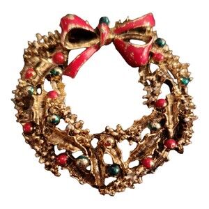 Vintage Gerry’s Wreath Brooch Pin With Red Bow &  Multicolored Xmas Balls